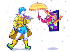 a man in yellow raincoat holding an umbrella next to a drawing of a person with blue hair