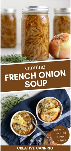 french onion soup in a jar with two spoons next to it and the title overlay reads canning french onion soup