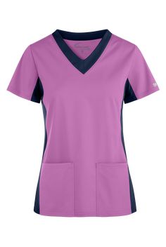 Strategically-placed knit fabric in contrast colors makes our scrub top the ultimate combo of function and fashion. Knit side panels add ease of movement. Tailored chest and back darts create a sleek shape. Each piece in our Butter-soft Stretch scrub collection was designed for 12+ hour shifts, and made from easy-care, 2-way stretch comfort fabric. • Classic fit • V-neck • Knit sleeve and side panels • Total of 3 pockets • 2 front pockets • 1 cell phone pocket • Short sleeve • Back darts • Appro Adult Footie Pajamas, Contrast Fashion, Yoga Scrub Pants, Scrubs Outfit, Uniform Advantage, Nurse Stuff, Scrub Jackets, Amazon Clothes