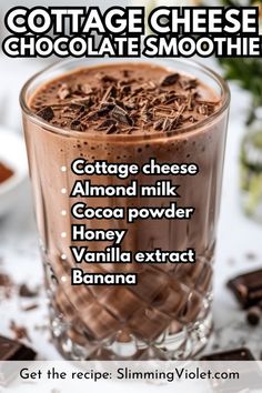 a chocolate smoothie with text that says cottage cheese chocolate smoothie