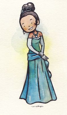 a watercolor drawing of a woman in a blue dress with her hand on her hip