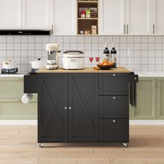 a kitchen island cart with food on it