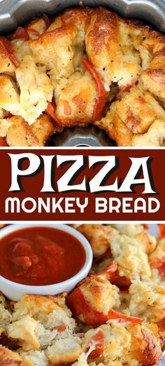 the pizza monkey bread is ready to be eaten with sauce on top and in the middle