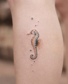 a small seahorse tattoo on the right thigh