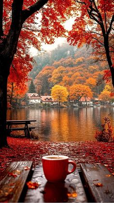 a red coffee cup sitting on top of a wooden bench next to a lake covered in fall leaves