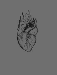 a black and white drawing of a heart with flames coming out of the middle of it