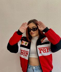 American Jacket, Ferrari Girl, Girl Aesthetic Outfits, Vintage Racing Jacket, Race Outfit, Ferrari Jacket, Girl Jacket