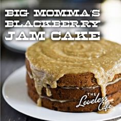 there is a cake with frosting on it and the words, big momma's blackberry jam cake