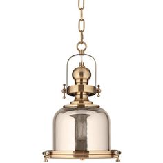 a brass and glass pendant light hanging from a chain