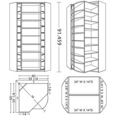 the measurements for an open shelving unit, including two shelves and one side door