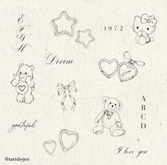 an old fashioned drawing of teddy bears and other decorative items on paper with the words time written in cursive writing