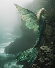 a woman dressed as a mermaid standing on the edge of a cliff