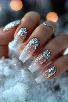 Nails White Silver Glitter, Long Acrylic Nails Coffin Glitter Sparkle, Waterfall Nail Designs Glitter, Silver Glitter And White Nails, Milky White And Silver Glitter Nails, White Glitter Acrylics, Silver Sparkle Nail Designs, Milky White Nails With Glitter Tips, Silver And Glitter Nails