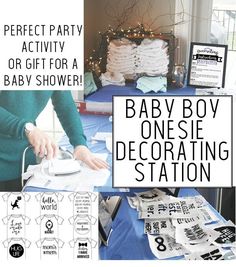 baby boy onesie decorating station with instructions for using the ironing board to make it