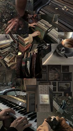 a collage of photos with coffee, books, and music equipment in the foreground