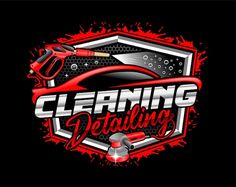 the logo for cleaning detailing, with tools and sprayers in red on a black background