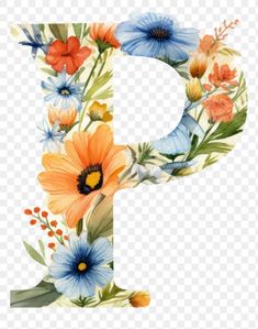 the letter p is painted with flowers and leaves, hd png downloads to be used