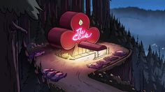 an image of a heart shaped sign on the side of a road in the woods