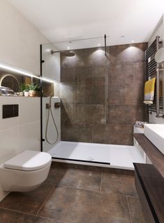 Ensuite - Cyncoed, Cardiff - Modern - Bathroom - Cardiff - by The Tap End | Houzz UK Modern Ensuite, Open Showers, Dark Wood Cabinets, Brown Floors, Open Cabinets, Penthouse Apartment, Ensuite Bathroom, Chic Bathrooms