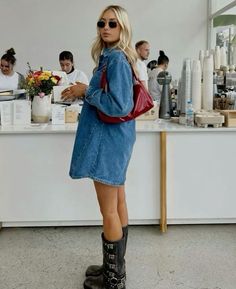 Coffee Run Aesthetic, Jean Dress Outfit, Run Aesthetic, Update Wardrobe, 2024 Clothes, 2024 Fits, Denim Dress Outfit, Slouch Bag, Black Boots Outfit