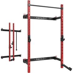 a red and black rack with two squat bars