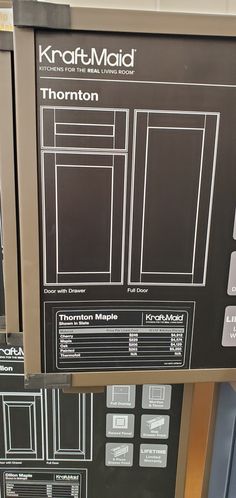 the back side of a refrigerator with instructions for it's doors and drawers on display