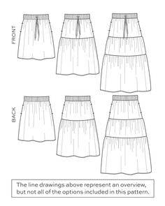 the front and back view of a skirt pattern, with three sections cut out to show how