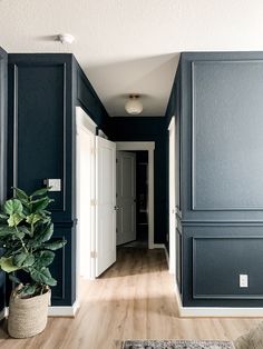 an empty hallway with blue painted walls and wood flooring is pictured in this image