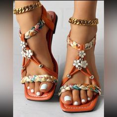 Women's Beaded Roman Bohemian Style Orange Flat Sandals For Beach Holiday Sz 43 I’m Happy To Answer Any Questions