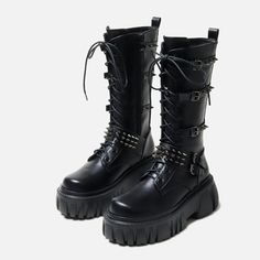 Punk Goth Platform Women Boots Block Thick Heels Lace Up Zip Rivit Trendy Winter Casual Shoes  -  GeraldBlack.com Walking Style, Lace Up High Heels, Clothes Reference, Pu Heels, Estilo Punk, Boot Types, Style Punk, Motorcycle Boots, Autumn Style