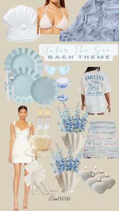 a collage of blue and white items with the words under the sea on them