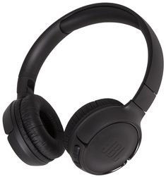 the jbl headphones are black and have microphones on each earpiece,