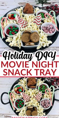 holiday movie night snack tray with candy canes and marshmallows