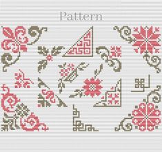 a cross stitch pattern with flowers and leaves on the side, in red and green