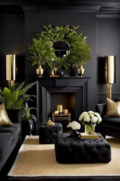 a living room filled with black furniture and gold accents on top of the fireplace mantel