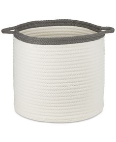 a white rope basket with grey trimmings on the bottom and sides, in front of a white background