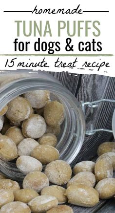 homemade tuna puffs for dogs and cats in a jar with text overlay that reads homemade tuna puffs for dogs and cats 15 minute treat recipe