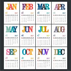 a calendar for the month of may and august with colorful lettering on it, in different colors