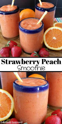 strawberry peach smoothie in glasses with strawberries and oranges