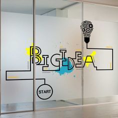 a glass wall with the words big idea painted on it