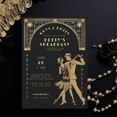 an art deco style wedding card with gold foil on black paper, featuring a couple dancing