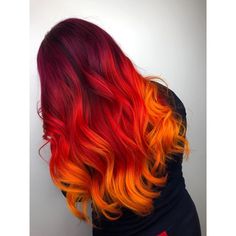 Fire Hair Styles, Fire Red Ombre Hair, Burgundy Red Orange Hair, Purple Red Orange Ombre Hair, Fire Hair Highlights, Fire Color Hair Ombre, Bright Orange And Red Hair, Red Sunset Hair, Black Red Orange Yellow Hair