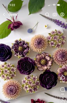 flowers are arranged on a white surface with green leaves and purple flowers in the middle