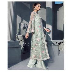 Retails $650| Rent $140 Green floral embroidered net coat with jeweled and pearl border. Free shipping and dry cleaning. Available for rent with Mumu Mandarin. USA only Spring Reception Sets With Intricate Embroidery, Spring Designer Sets With Pearl Embroidery, Bollywood Style Sequined Sets For Spring, Spring Embellished Floor-length Sets, Spring Festive Sets With Pearl Embroidery, Embroidered Floor-length Spring Sets, Spring Bollywood Dress With Sequins, Spring Bollywood Sequin Dresses, Hand Embellished Long Sleeve Organza Sets