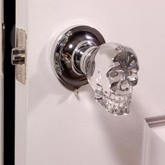 a crystal skull door handle on a white door