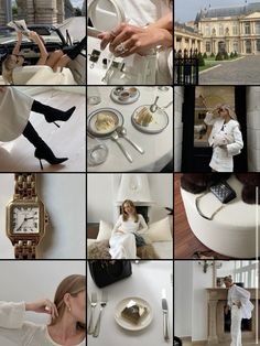 a collage of photos showing various women in white outfits