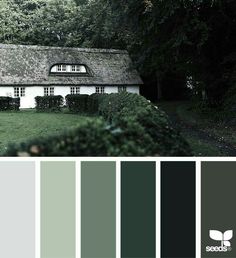 an image of a house in the woods with green and gray colors to match it