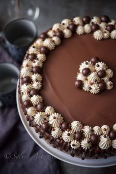 a chocolate cake with white and brown decorations