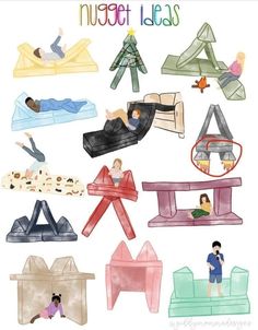 watercolor illustrations of people sleeping on inflatable beds and floating houses, with the words nugget ideas above them