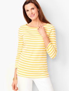 Shop Talbots for modern classic women's styles. You'll be a standout in our Cotton Bateau Neck Tee - Roma Stripe - only at Talbots! Open Stitch Sweater, Bateau Neck, Curvy Jeans, Classic Style Women, Scoop Neck Tee, Sale Sale, Cool Fabric